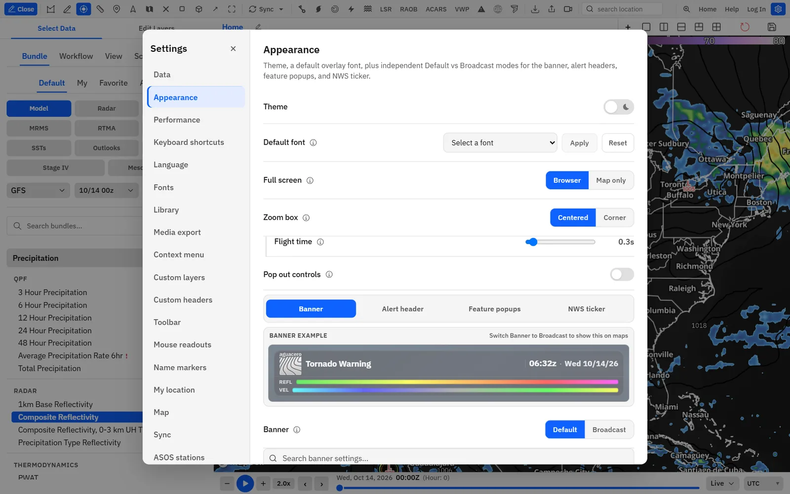 Settings → Appearance, with the Default / Broadcast switch on the Banner tab.