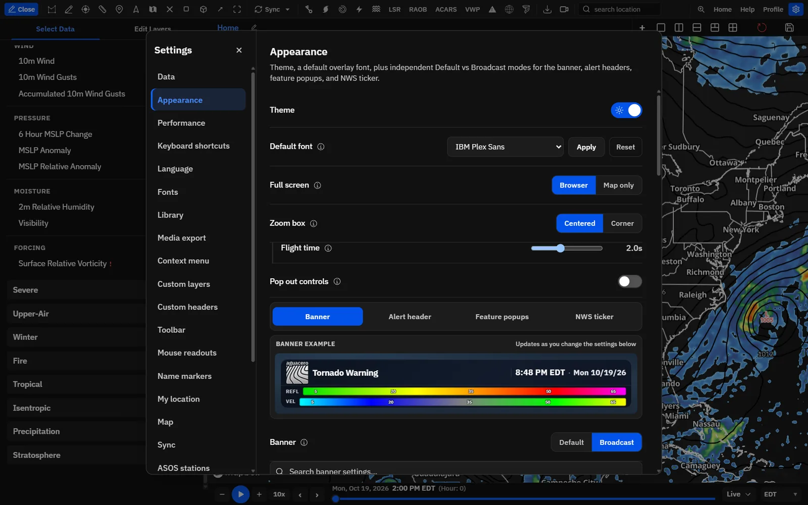 Settings → Appearance → Banner, with the Default / Broadcast switch and the banner example.