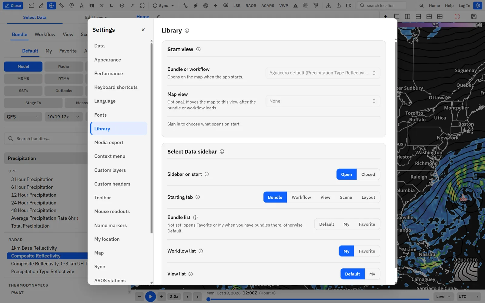 Settings → Library: start view and Select Data sidebar defaults.