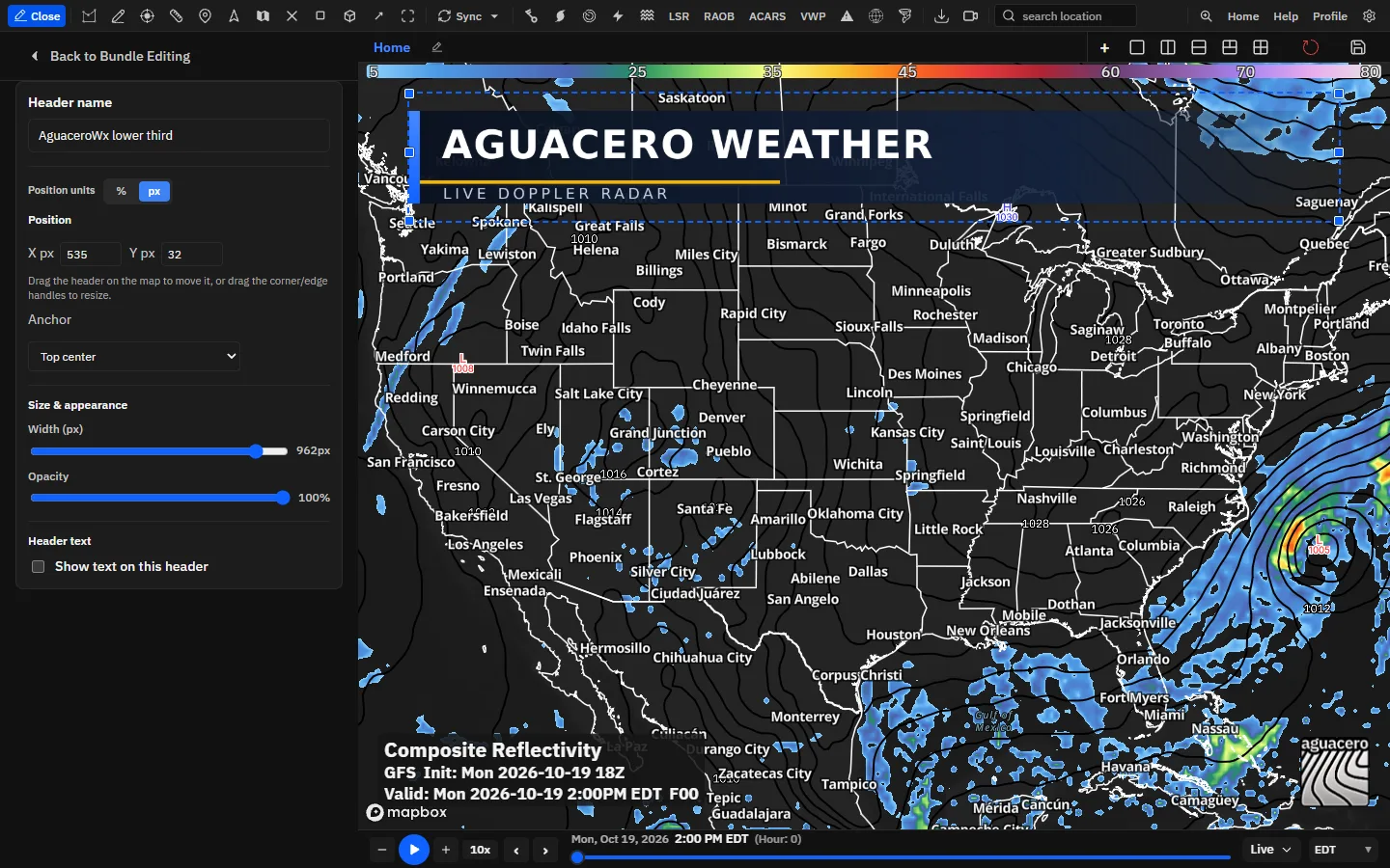 A header layer open in Edit Layer: the dashed frame on the map and its controls in the sidebar.