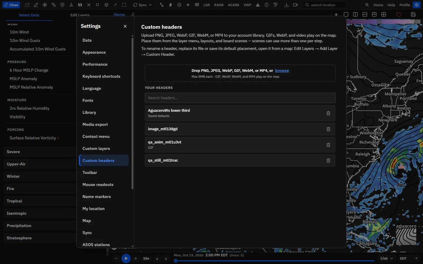 Settings → Custom headers: the drop area and your header library.