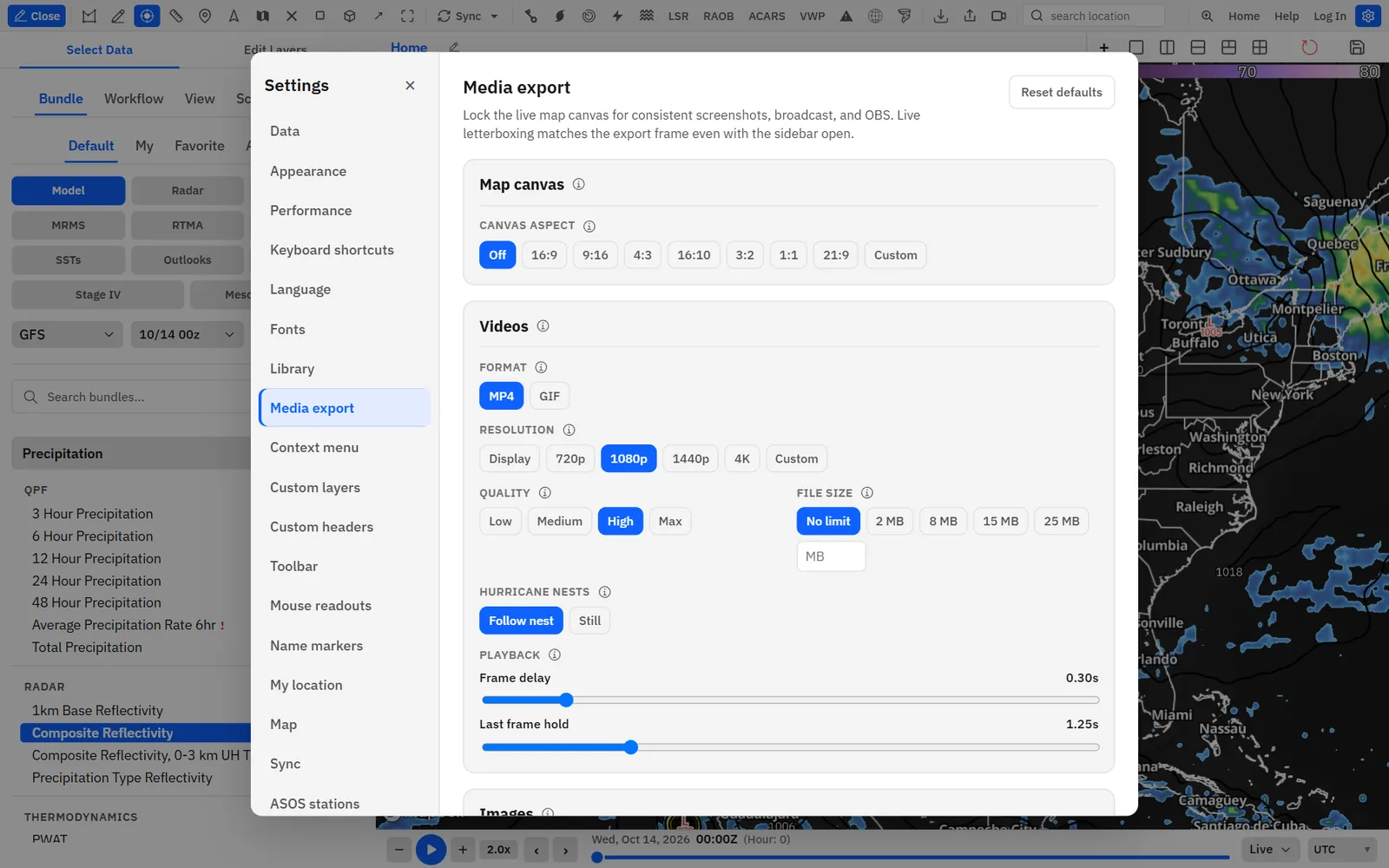 Settings → Media export holds the defaults for the map canvas, videos and images.
