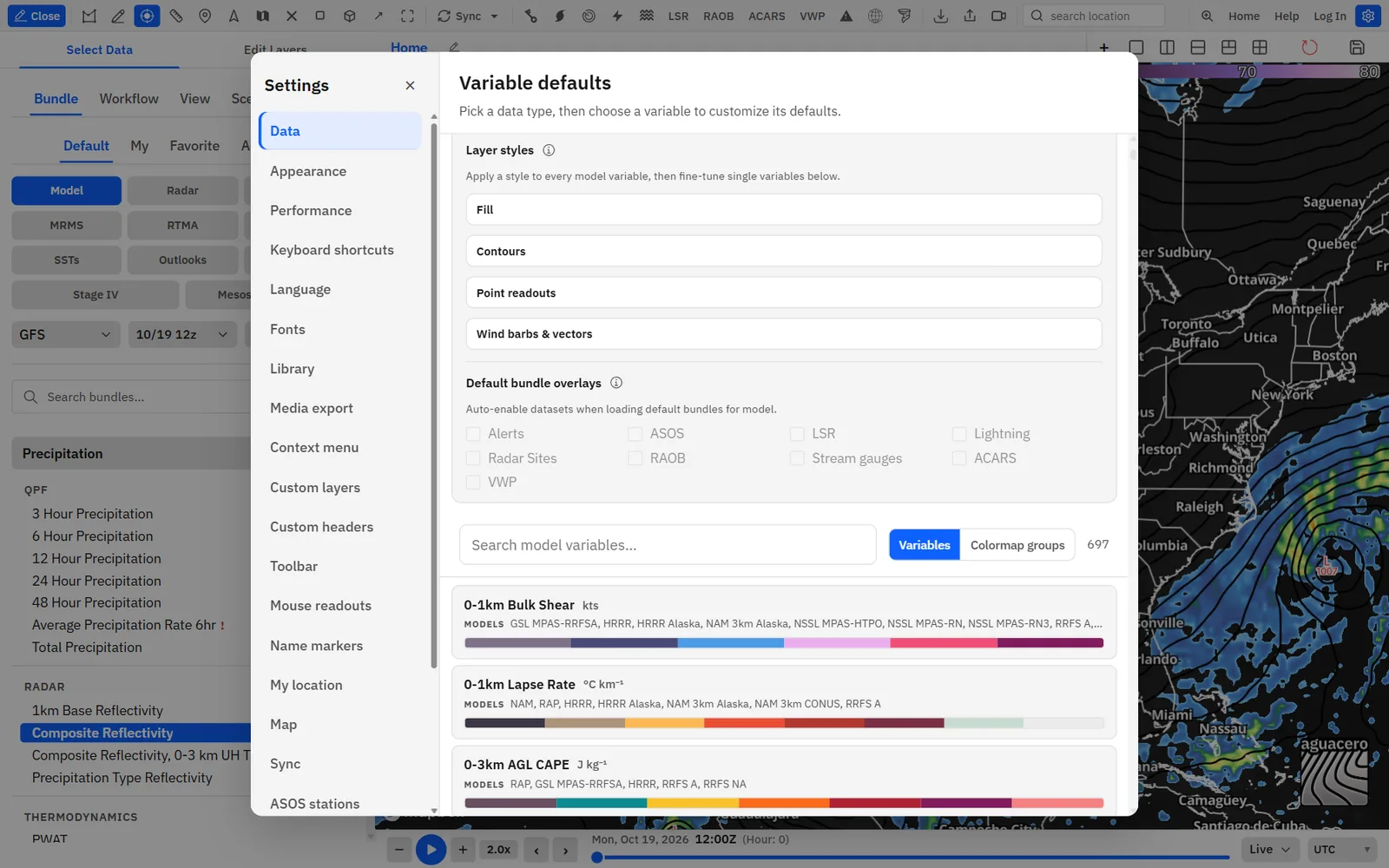 Settings → Data with its data type tabs, Layer styles and the variable search.
