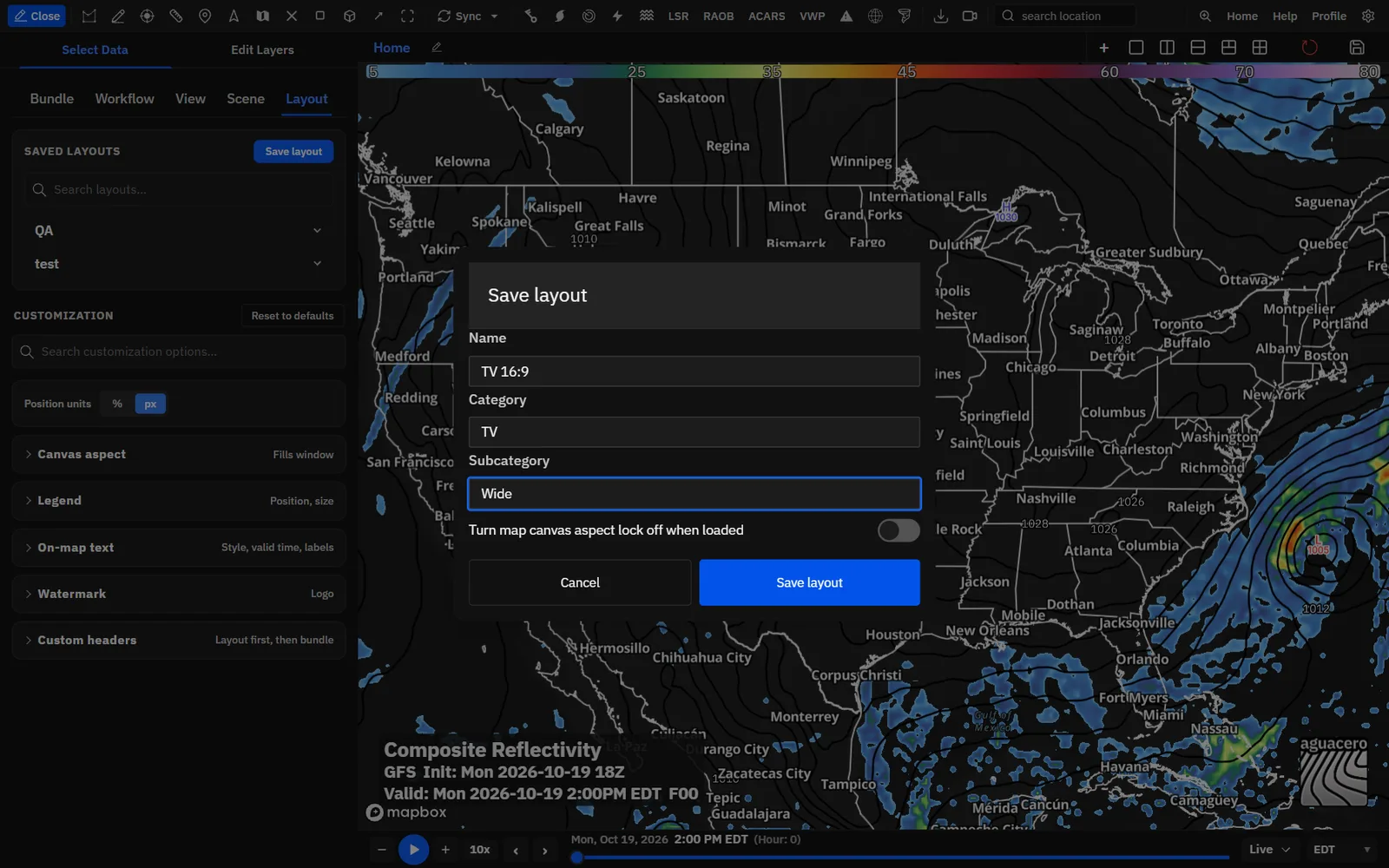 The Save layout dialog: name, category, subcategory and the canvas switch.
