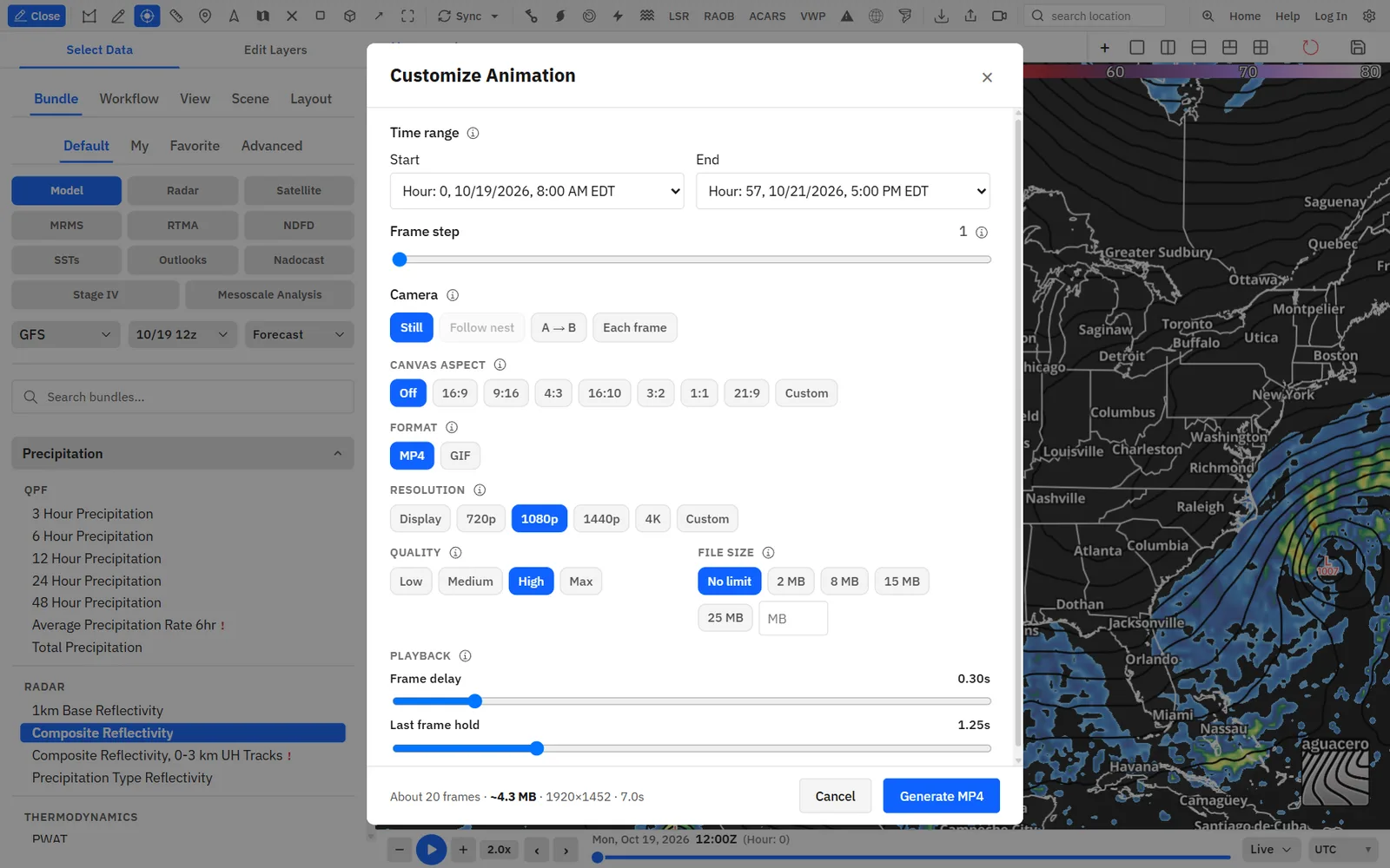 Customize Animation: time range, frame step, camera and output settings, with the size estimate at the bottom.