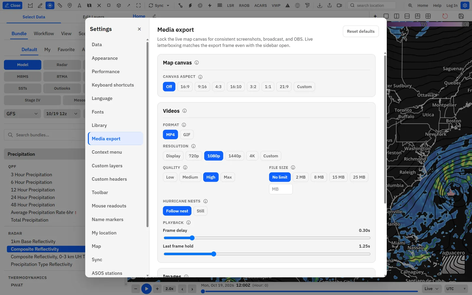 Settings → Media export: Map canvas, Videos and Images.