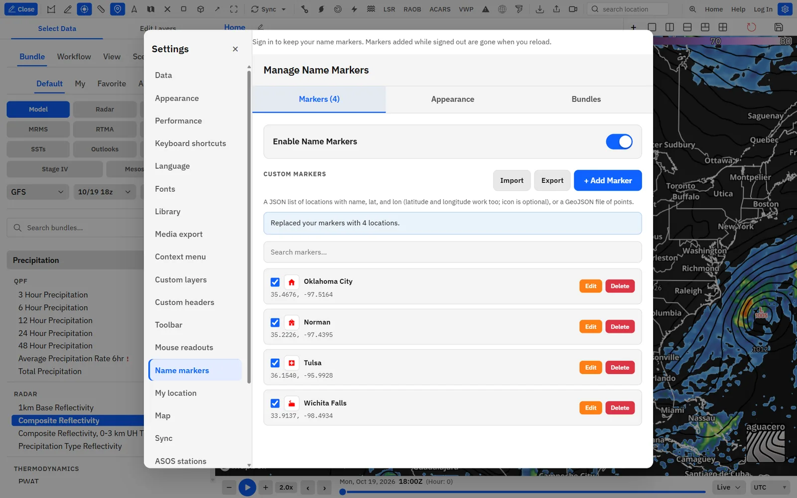Manage Name Markers (here in Settings → Name markers) with four imported markers. Click a row to fly to that marker.