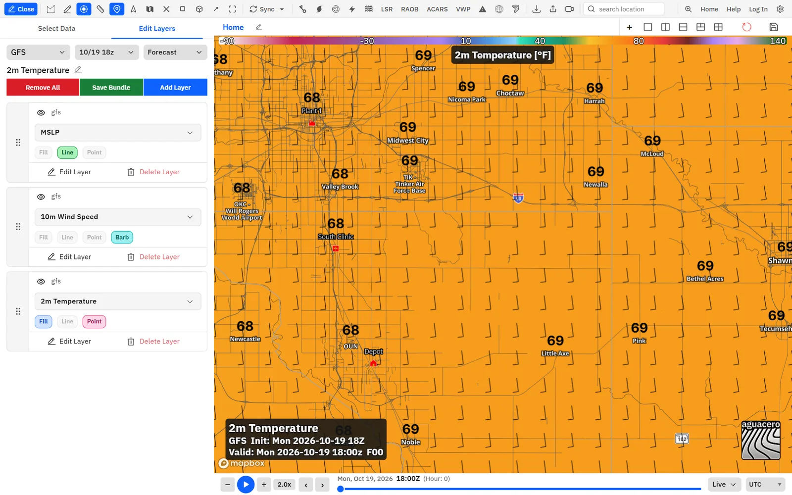 A 2 m temperature layer with city point readouts puts a live value above each name marker.