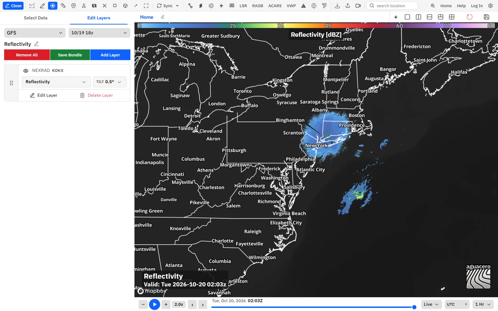 A radar layer on the Edit Layers tab, with the Add Layer button, the NEXRAD sites button and the Tilt menu.
