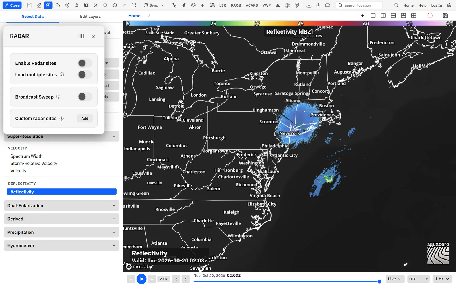 The RADAR panel with multiple sites, the broadcast sweep and custom radar sites.