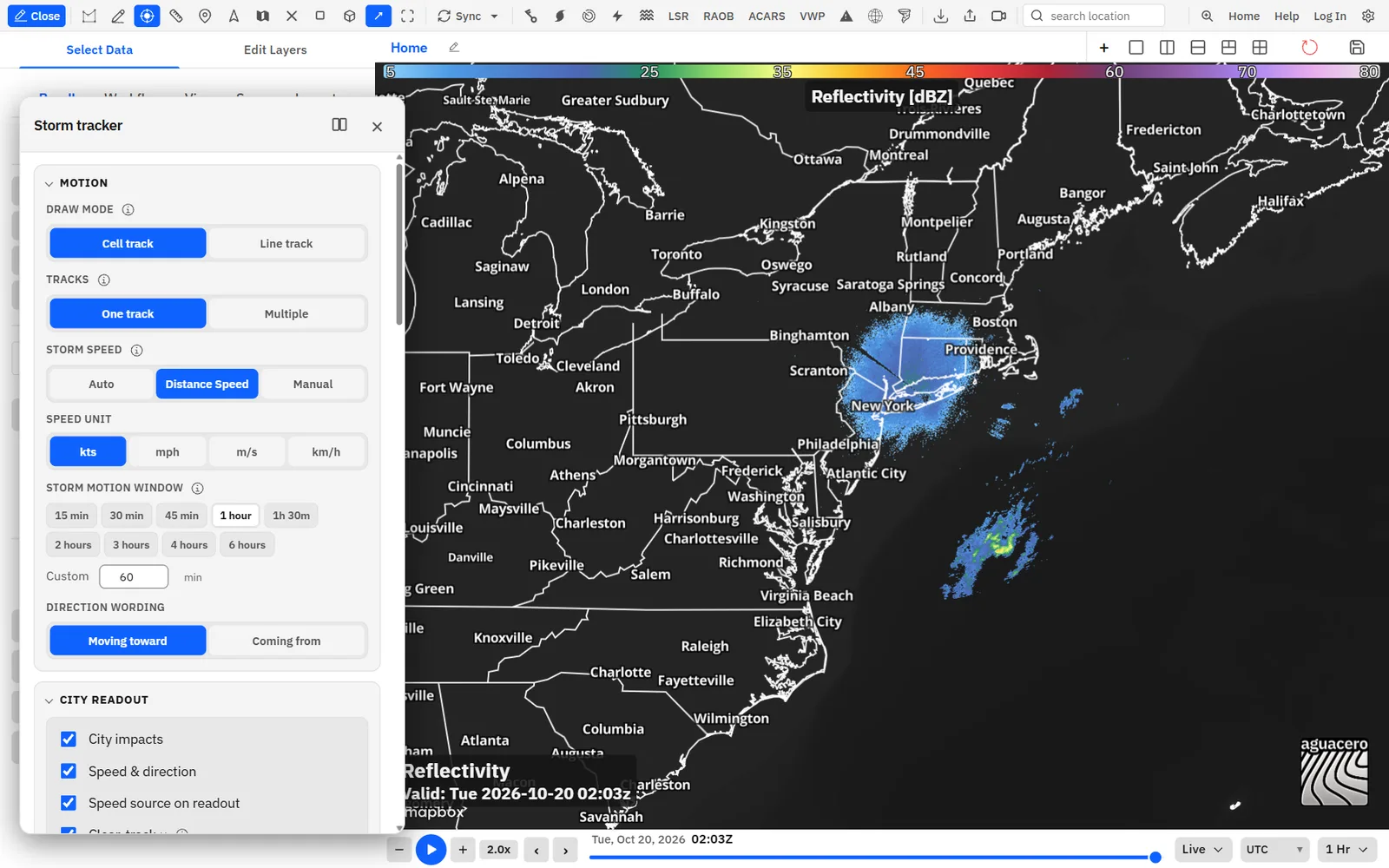 The Storm tracker settings: draw mode, tracks, storm speed and the city readout.