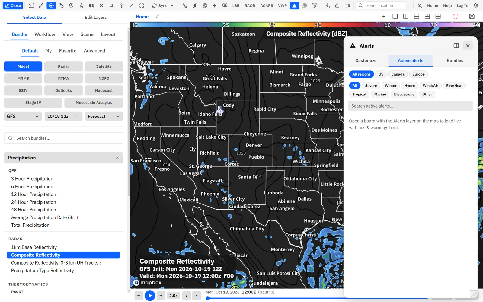 The Active alerts tab with its region and category chips and search box.
