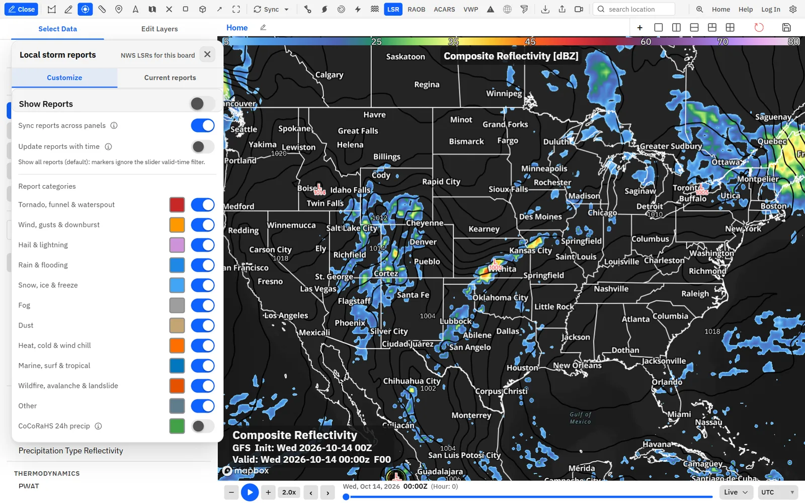 The LSR button and the Local storm reports menu.