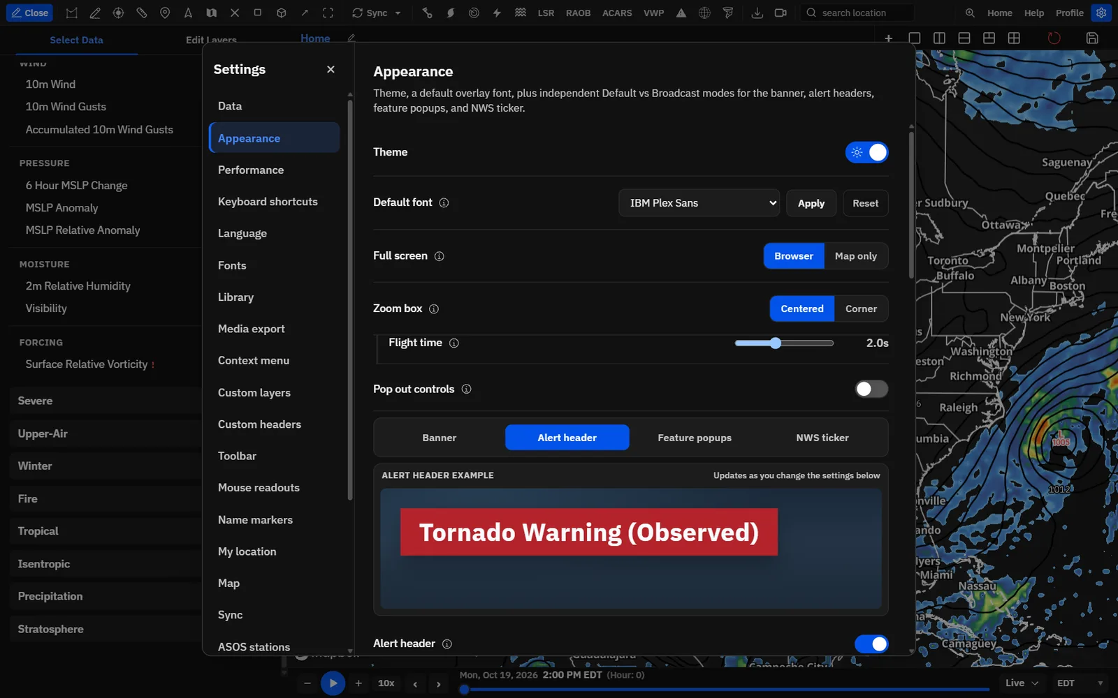 Settings → Appearance with the Alert header tab open.