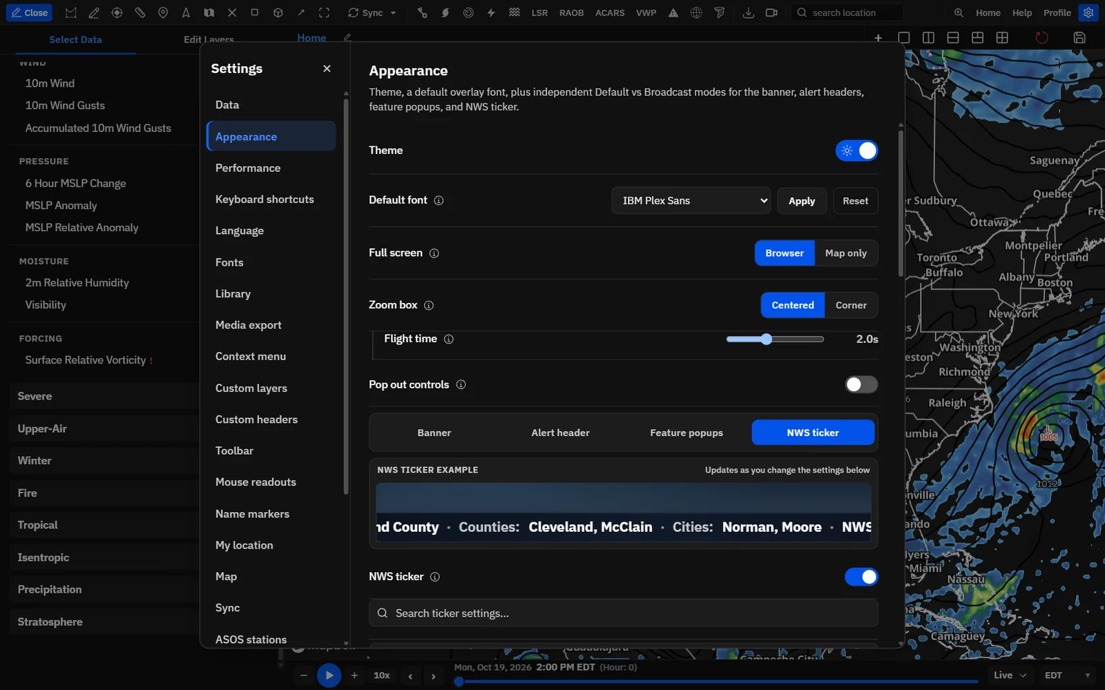 The NWS ticker tab with its on switch, position and alert source.