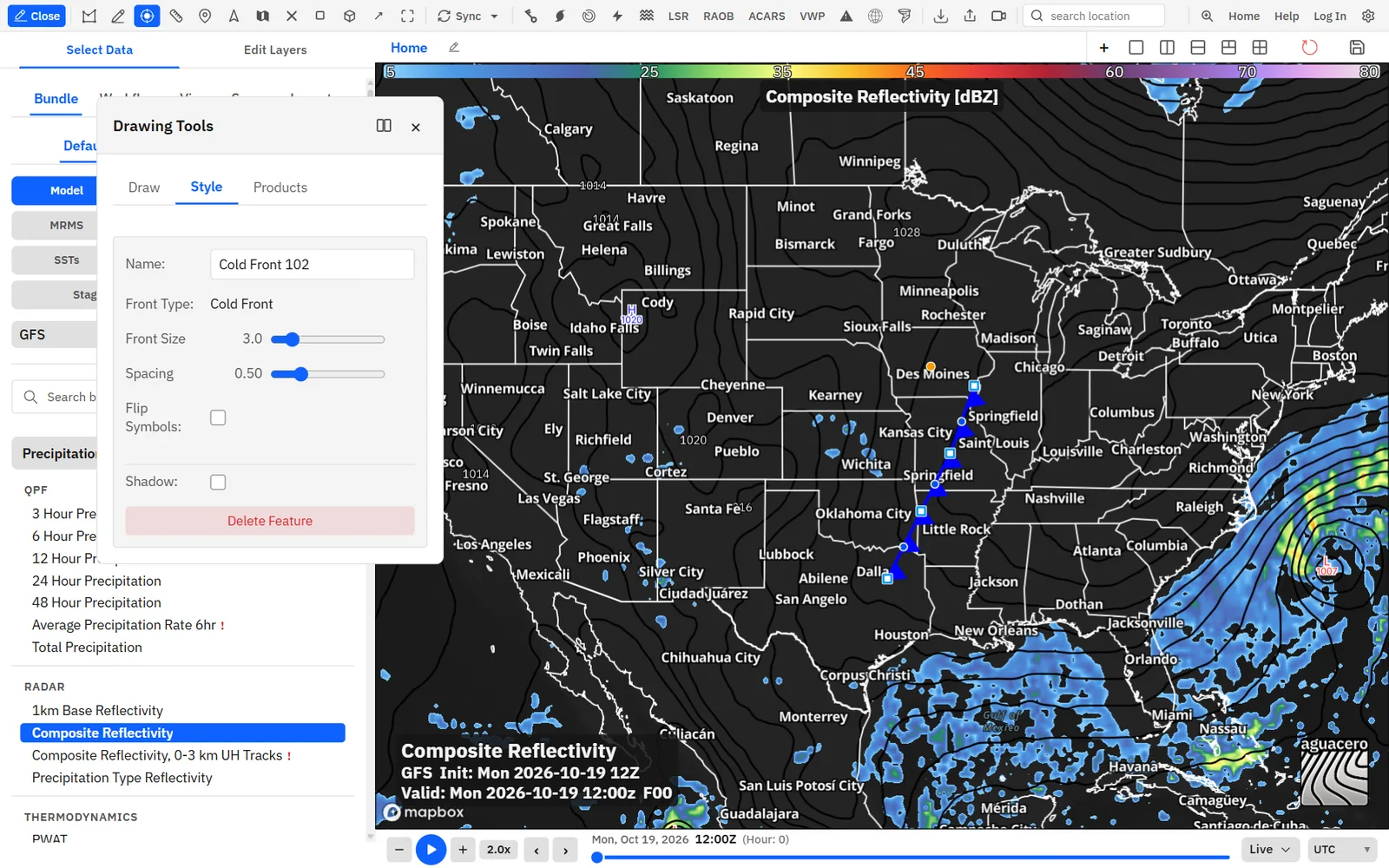 A selected cold front on the map, with its settings on the Style tab.
