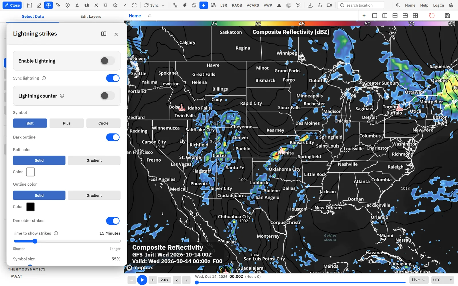 The Lightning button and the Lightning strikes settings.