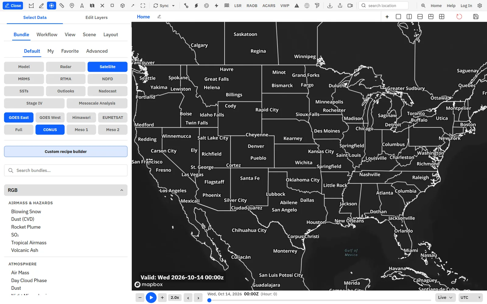 The Satellite data type and the satellite buttons. Custom recipe builder sits below them.