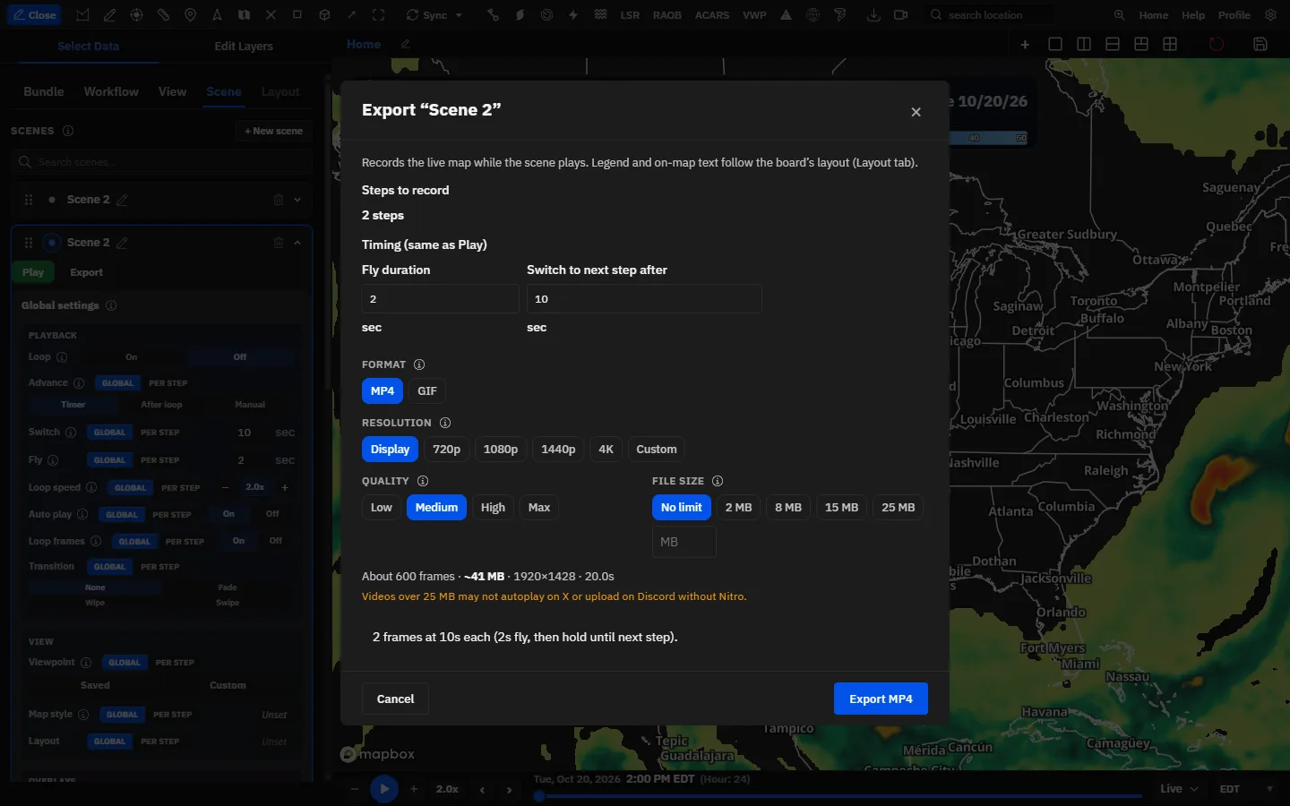 The scene export dialog: steps to record, timing and output settings.