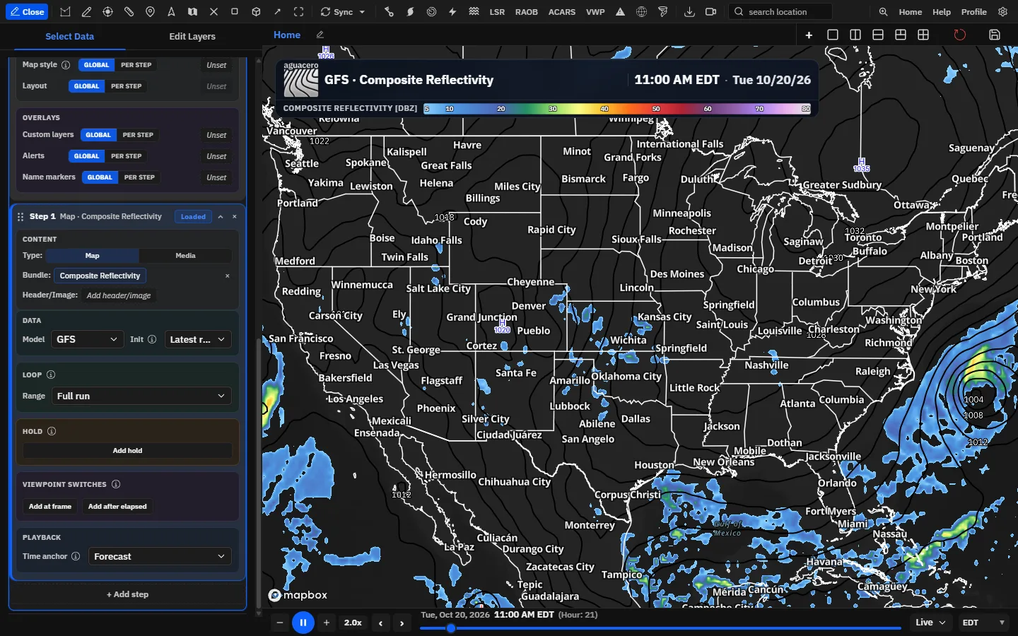 An open map step: content rows on top, then Data, Loop, Hold, Viewpoint switches and Playback.