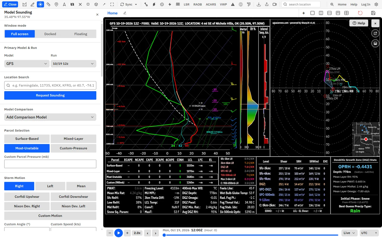 The parts of a sounding: Skew-T, hodograph, wind table and parcel table.