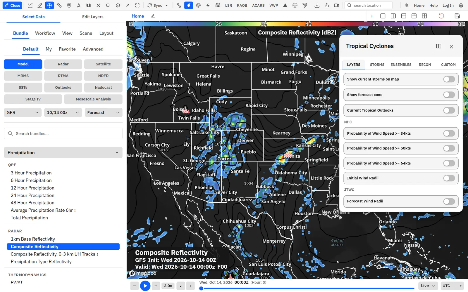 The Tropical cyclones button and the Storms tab of the hub.