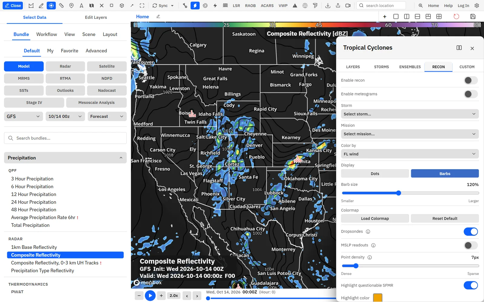 The Recon tab of the Tropical Cyclones hub.