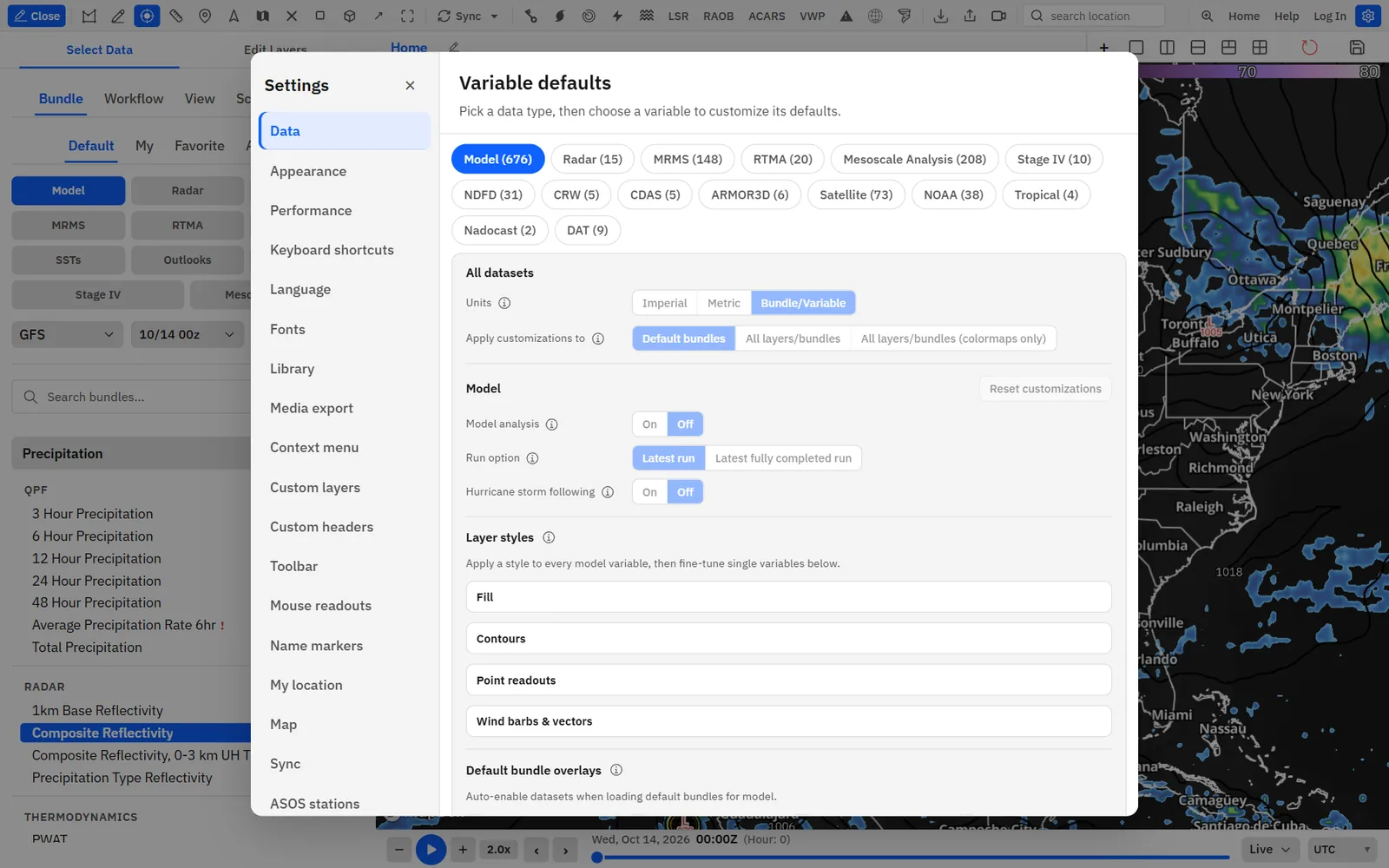 The Settings button and the section list.