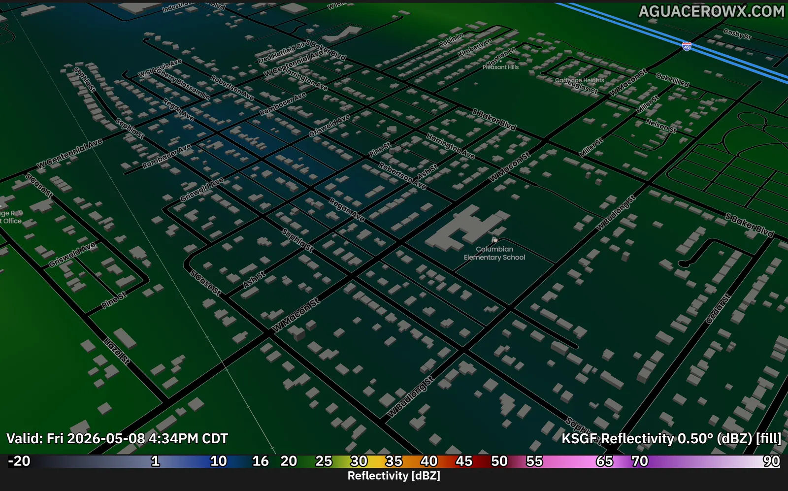 NEXRAD reflectivity on a custom 3D Mapbox basemap with building outlines