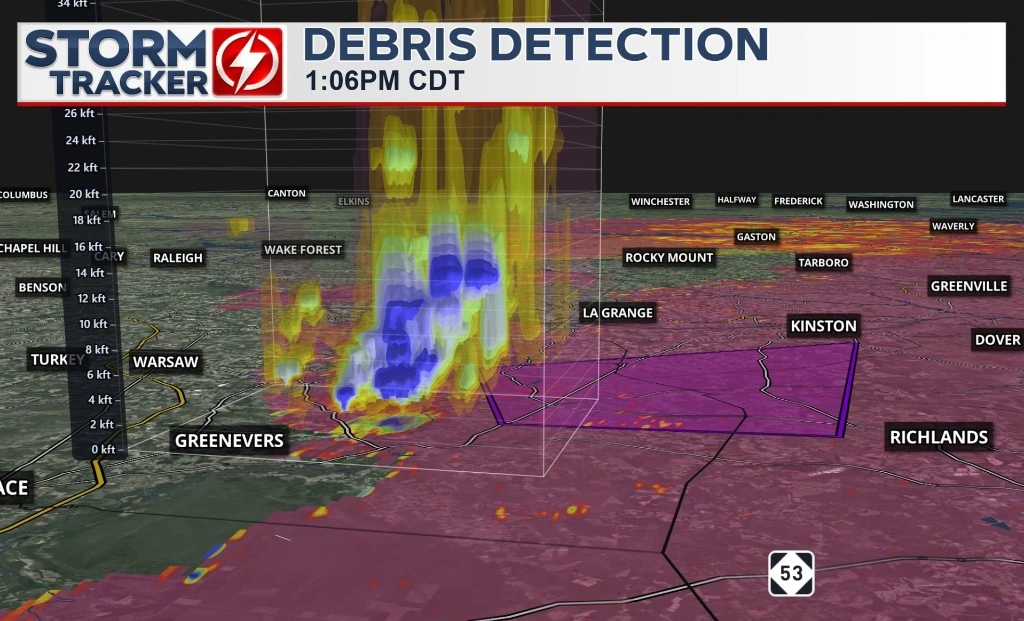 Station-branded 3D debris detection graphic over a thunderstorm