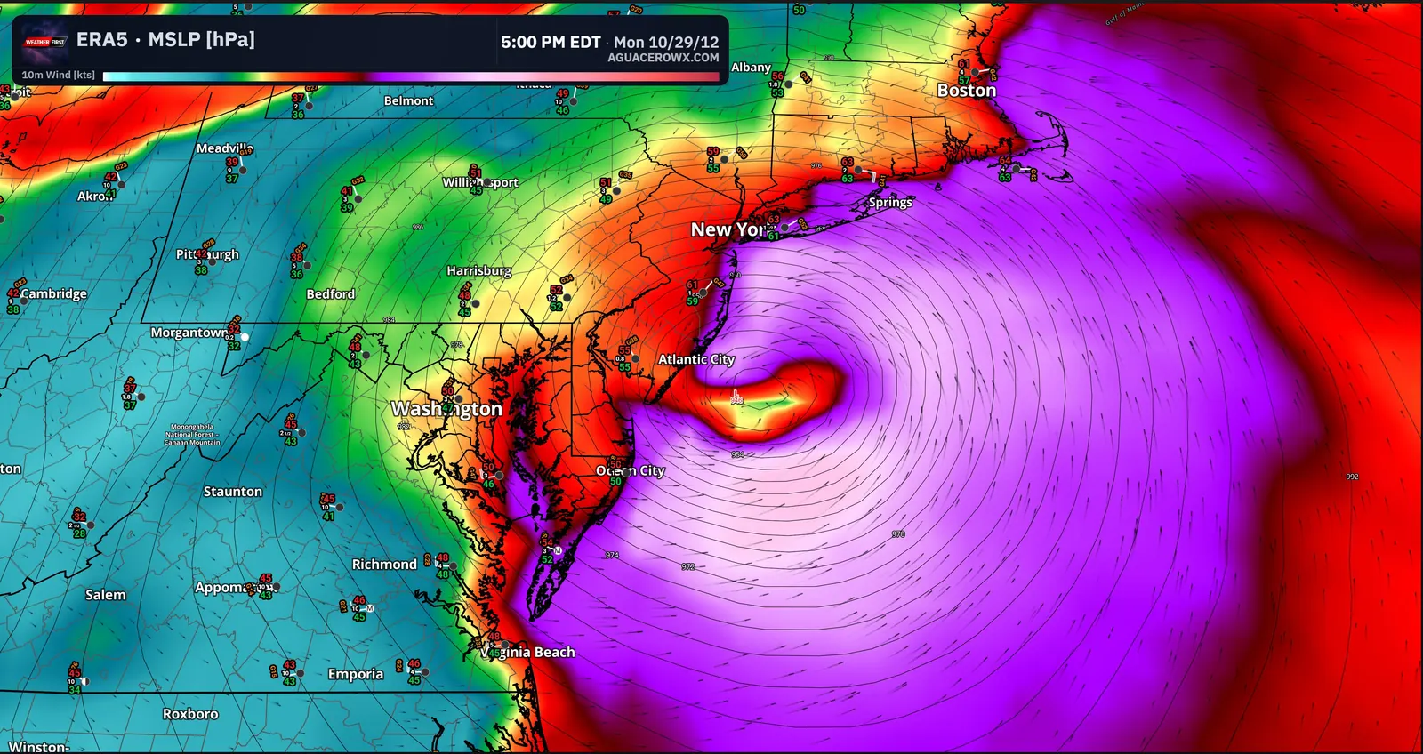 ERA5 reanalysis of Hurricane Sandy at landfall on October 29, 2012, with sea-level pressure and wind