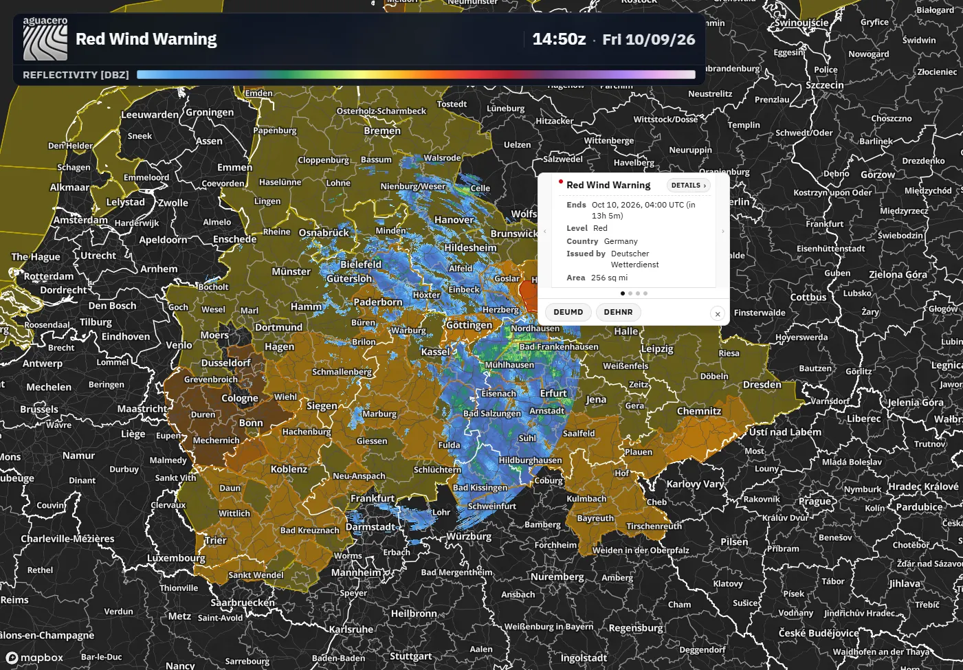 European radar composite with a red wind warning outlined over Germany
