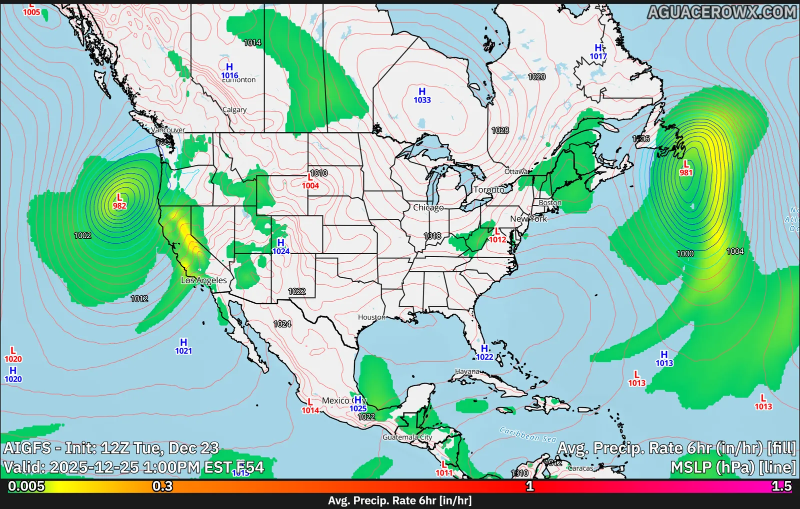 AI-GFS 6-hour precipitation rate and sea-level pressure over North America