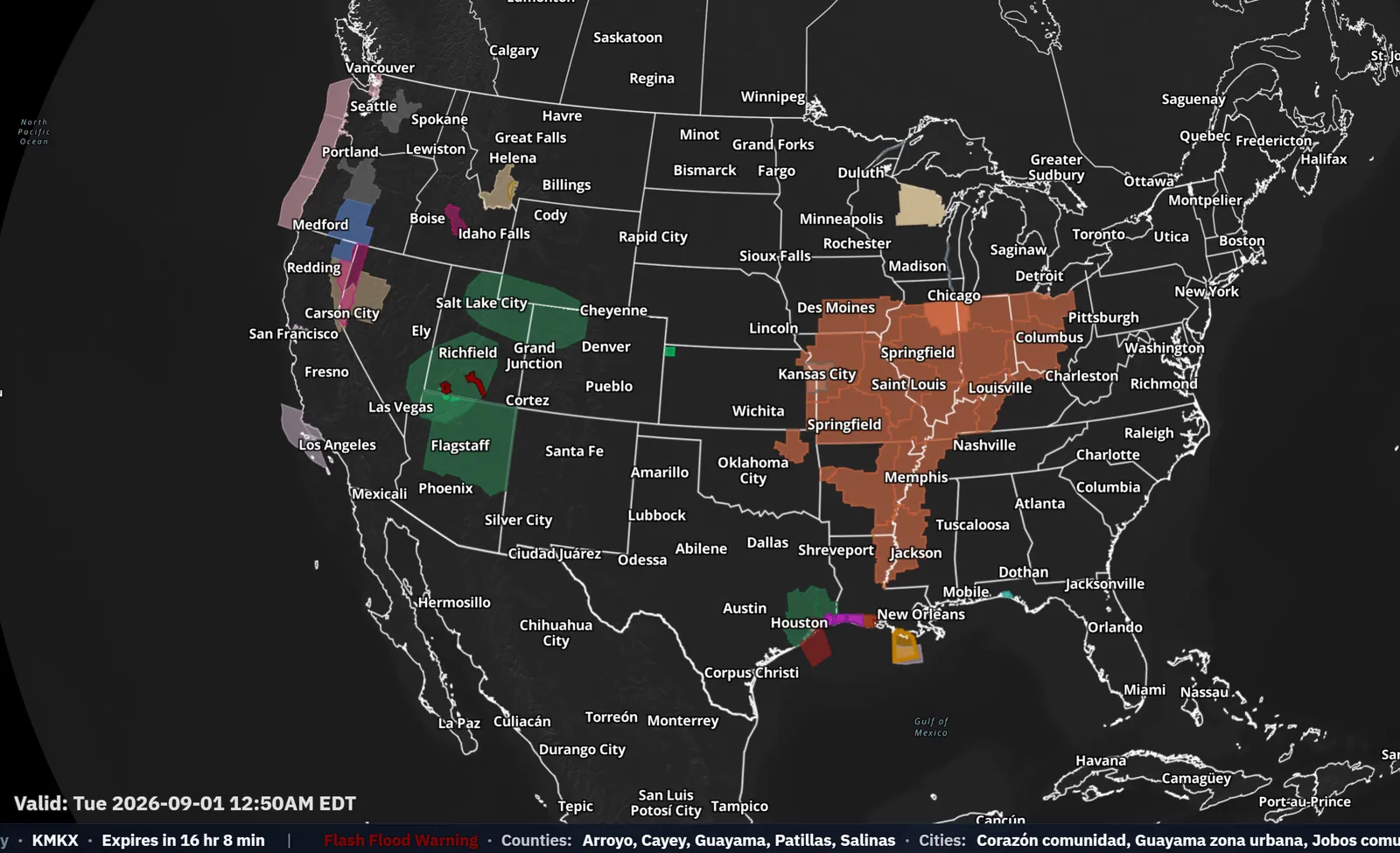 NWS alerts ticker along the bottom of a globe view