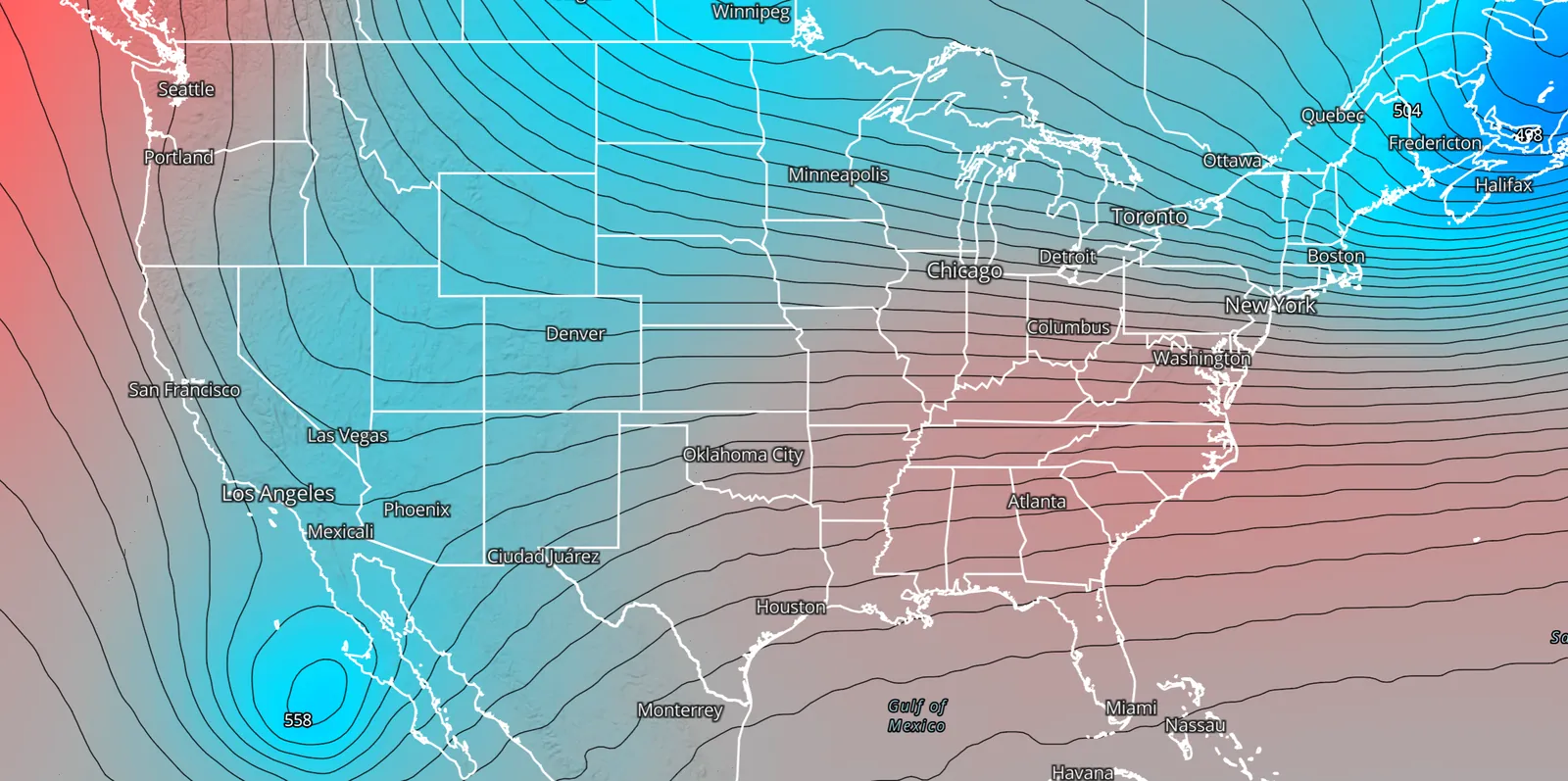 Model anomaly field with contours over North America