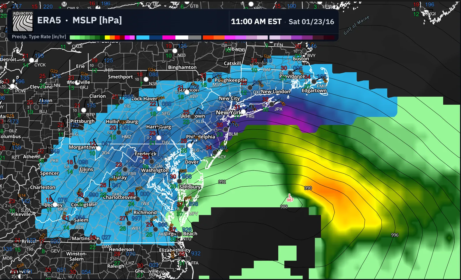 Archive mode replaying ERA5 sea-level pressure and ASOS stations during the January 2016 blizzard