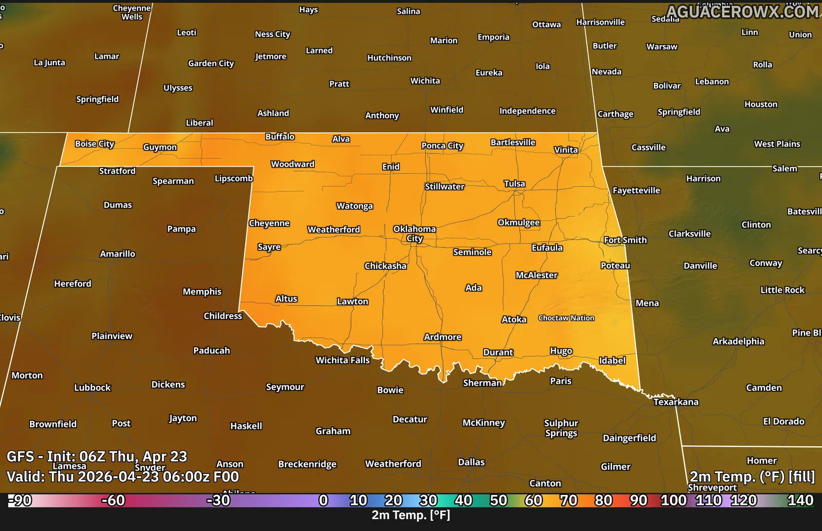 GFS 2 m temperature with a custom Oklahoma layer