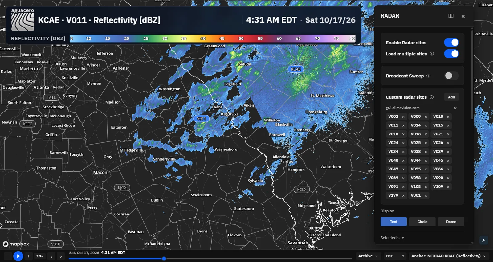 A private X-band radar near Augusta, Georgia loaded from its polling server next to NEXRAD KCAE, with the custom radar sites list open