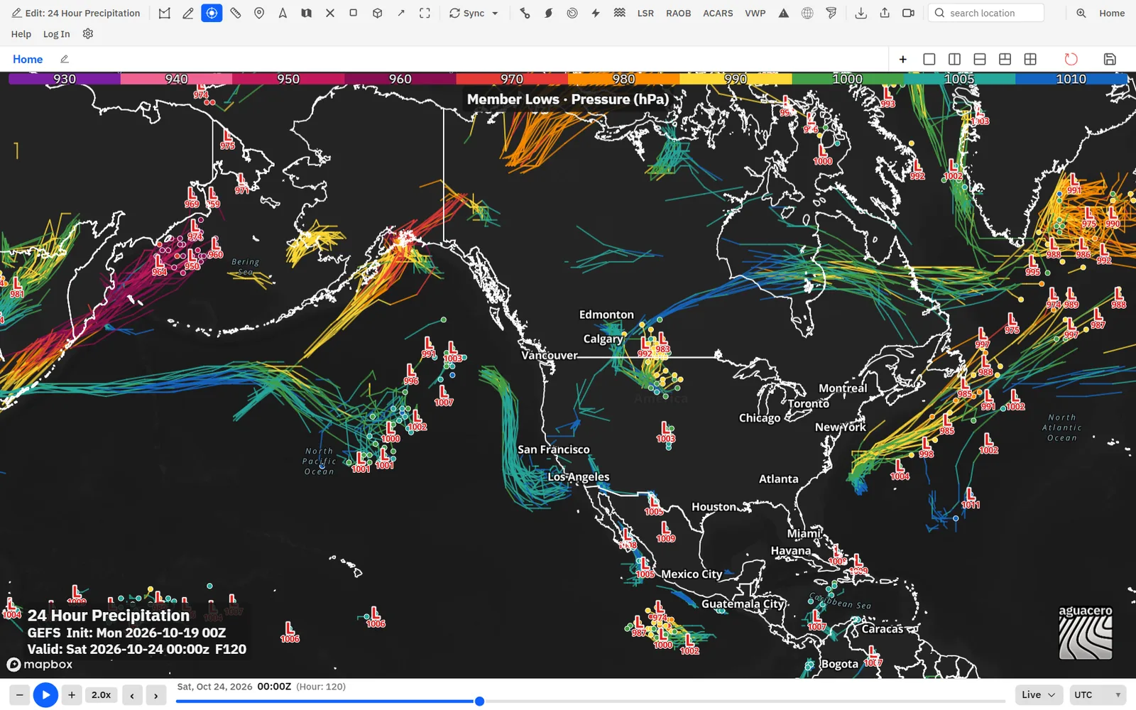 GEFS member low centers and five-day tracks over the North Pacific and North America, colored by central pressure