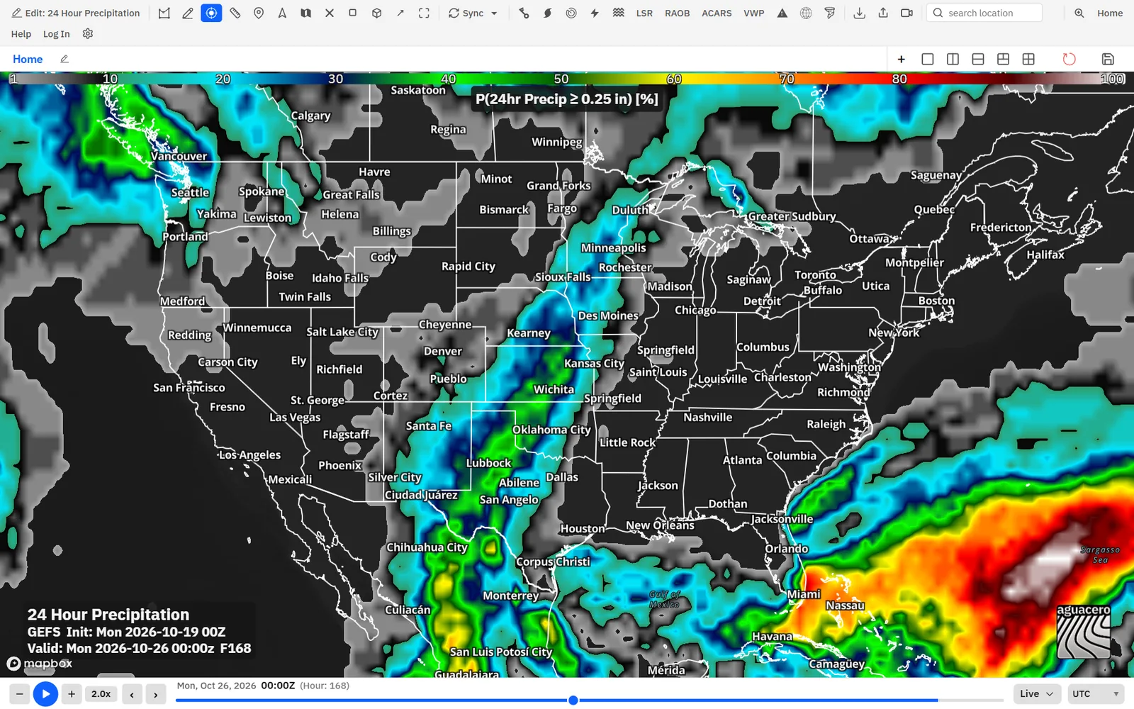 GEFS chance of 0.25 in or more of rain in 24 hours along a front across the Plains