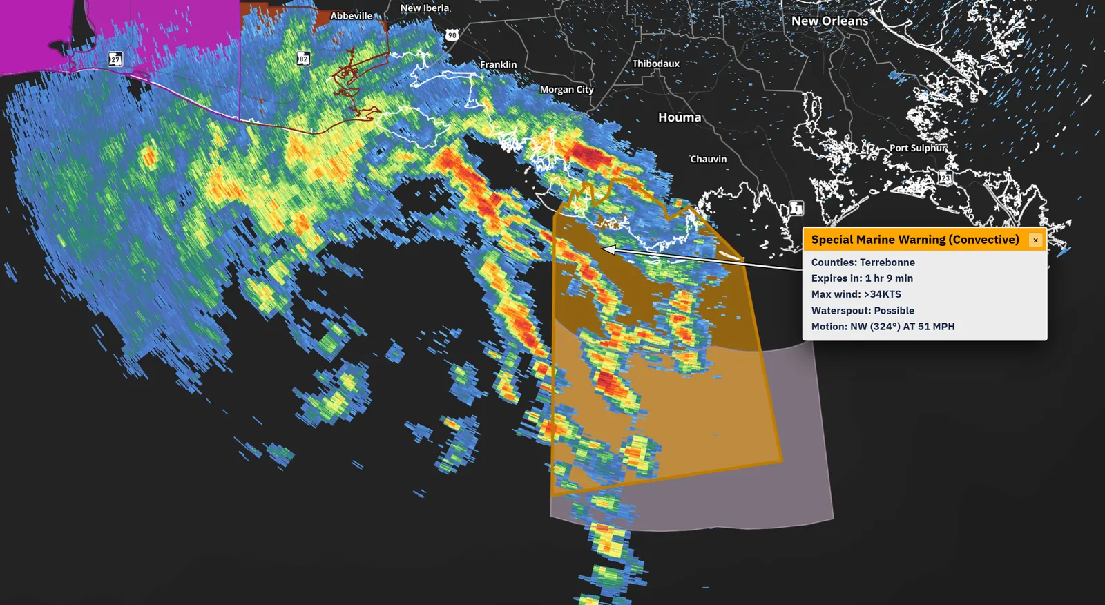 Broadcast popup for a Special Marine Warning over Louisiana radar