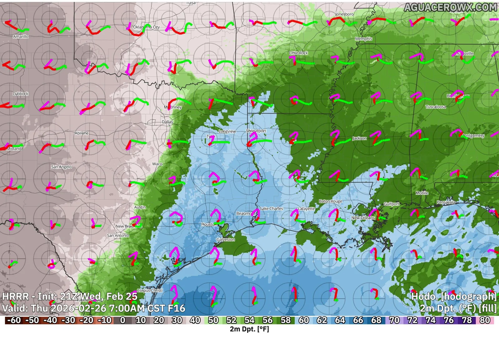 HRRR hodographs plotted across the map over 2 m dew point