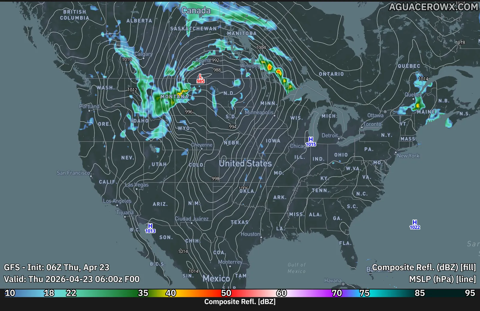 GFS reflectivity and pressure on a custom Mapbox basemap