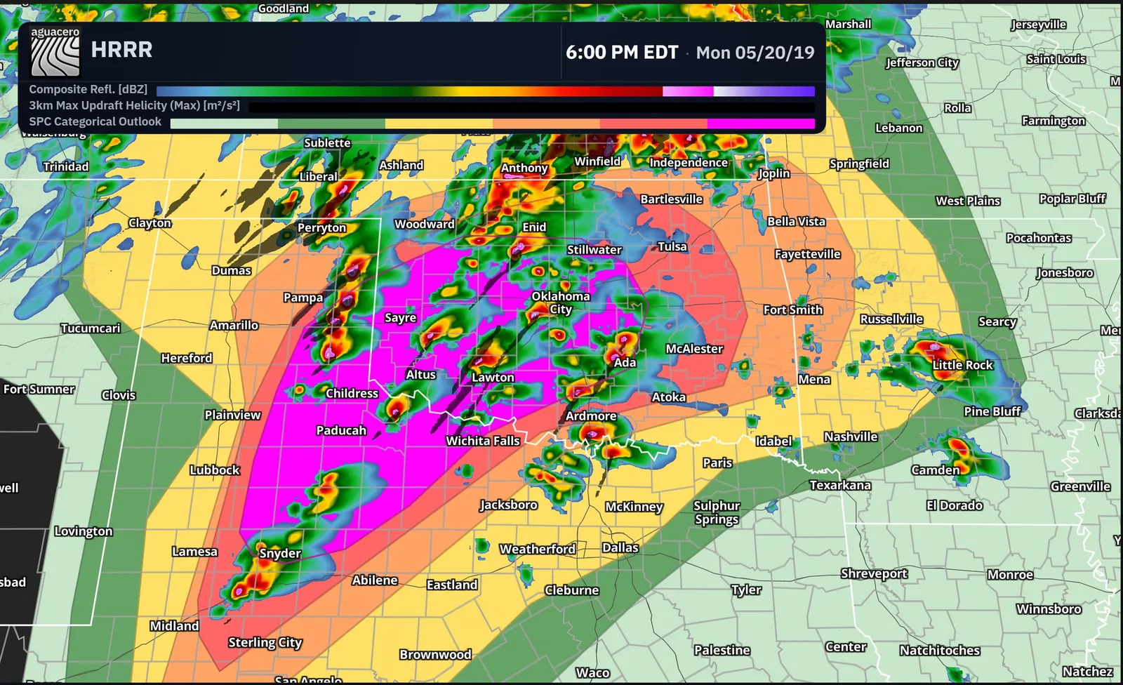 Archived HRRR run from May 20, 2019 under the SPC outlook