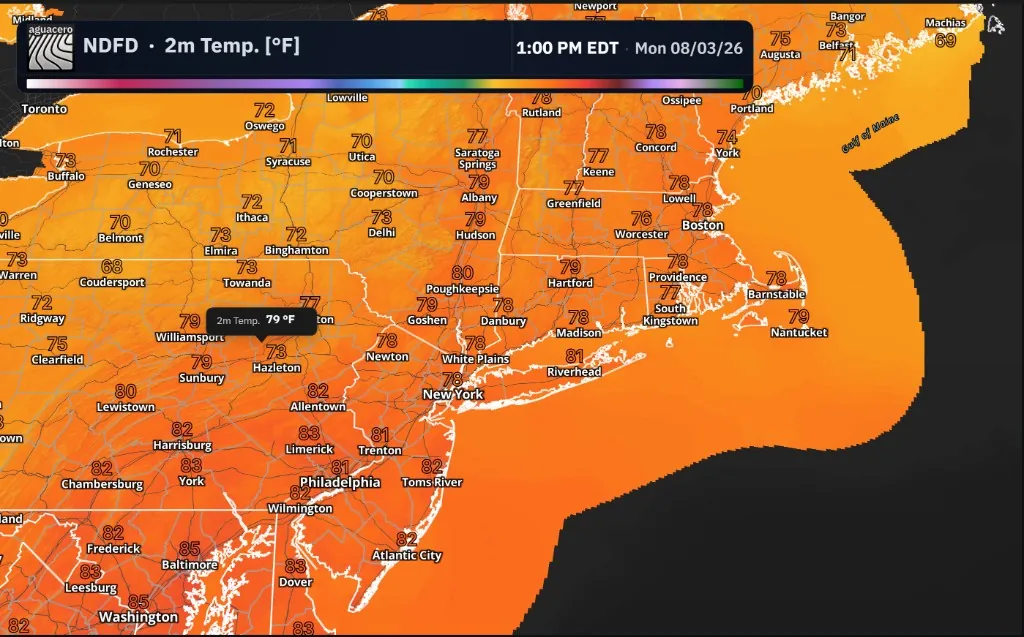 NDFD 2 m temperature forecast over the Northeast with city values