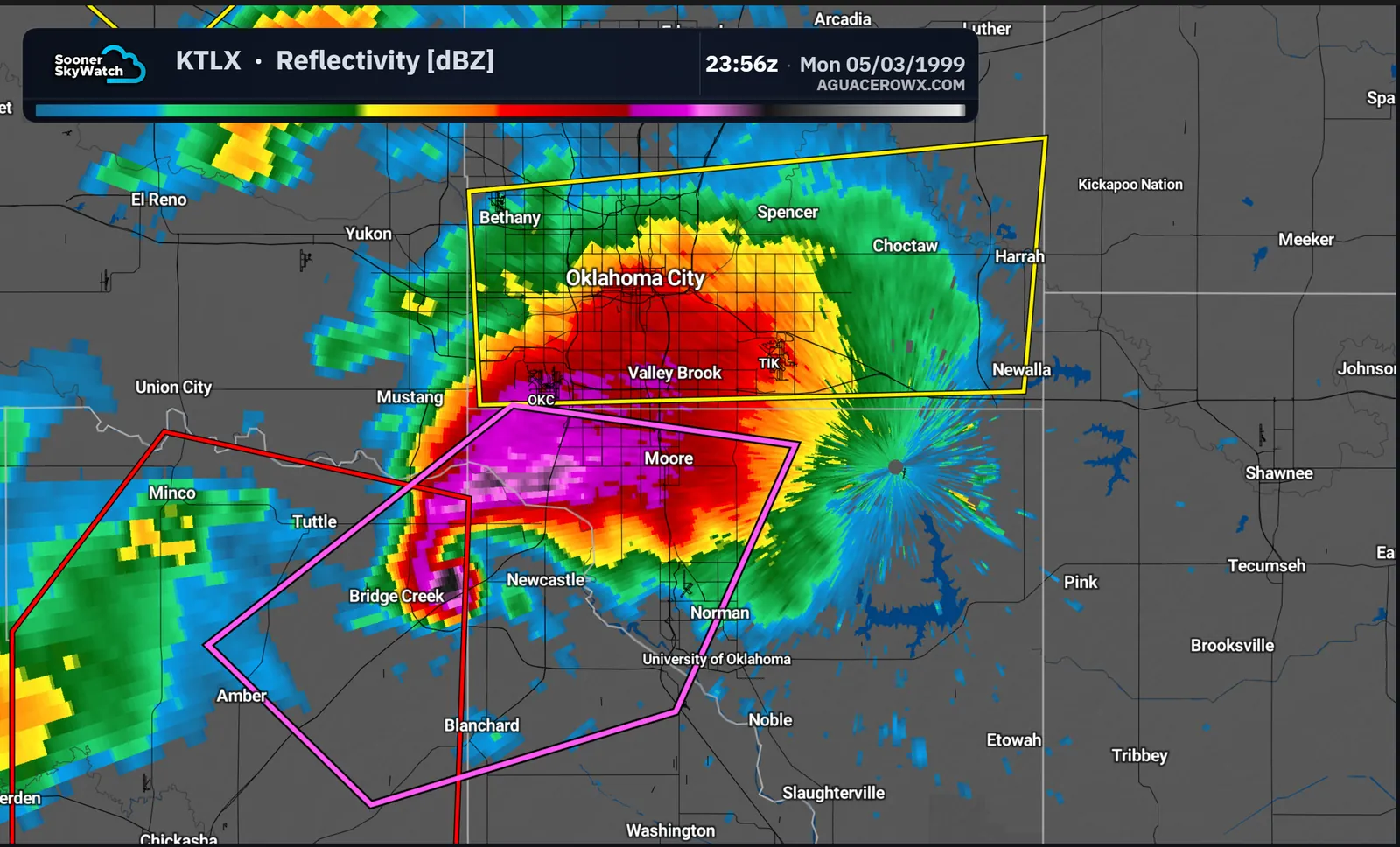 KTLX Level II reflectivity of the May 3, 1999 Oklahoma City tornado