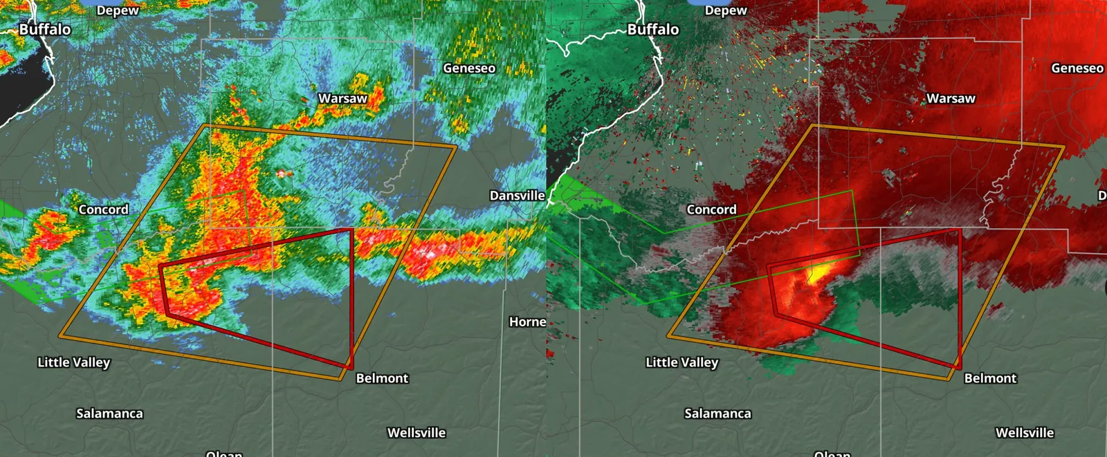 NEXRAD reflectivity and velocity side by side with warning polygons