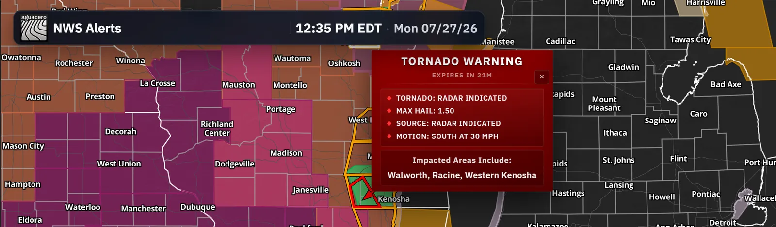 Tornado warning popup with impacted areas over Wisconsin