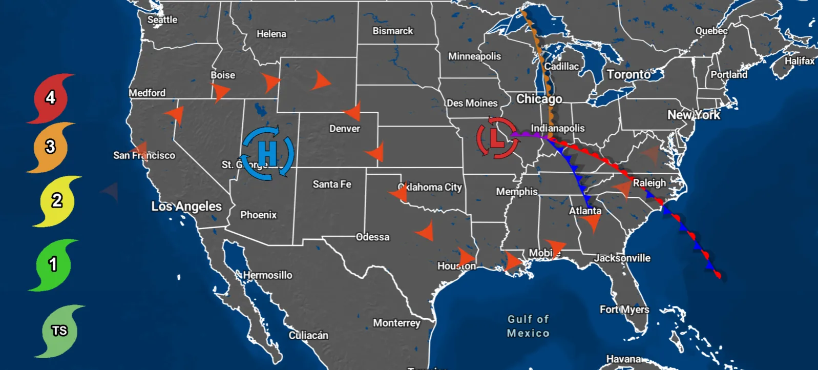 PGEN map with fronts, high and low centers and hurricane category icons