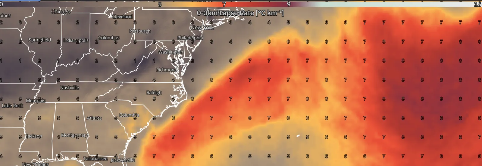0–3 km lapse rates with grid point values